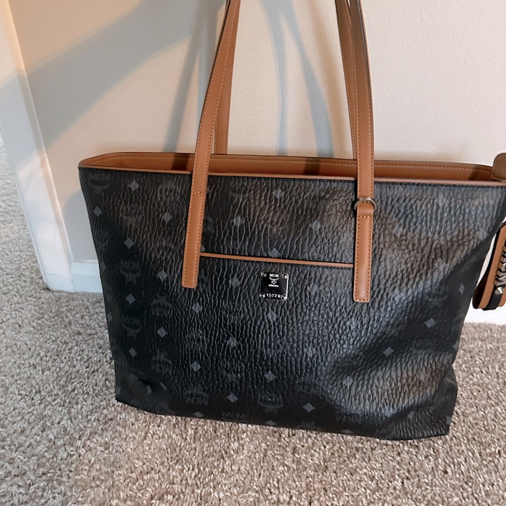 MCM Anya Zipper Tote Black with Brown Leather